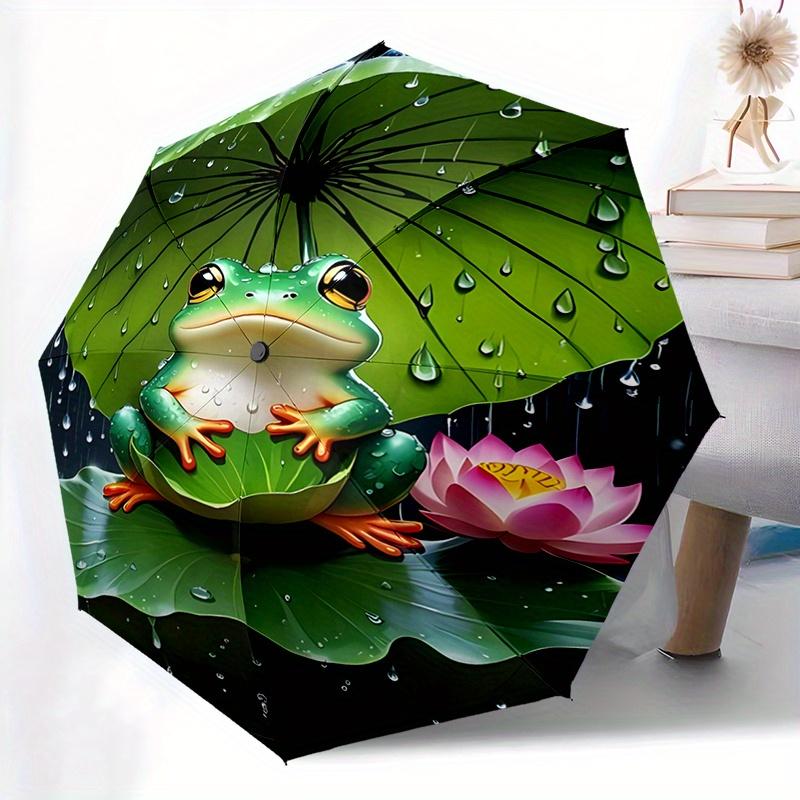 Frog under a for Lotus Leaf - An 8-ribbed, plastic handle, auto-open folding umbrella, portable, ideal for shopping, travel, and daily use.