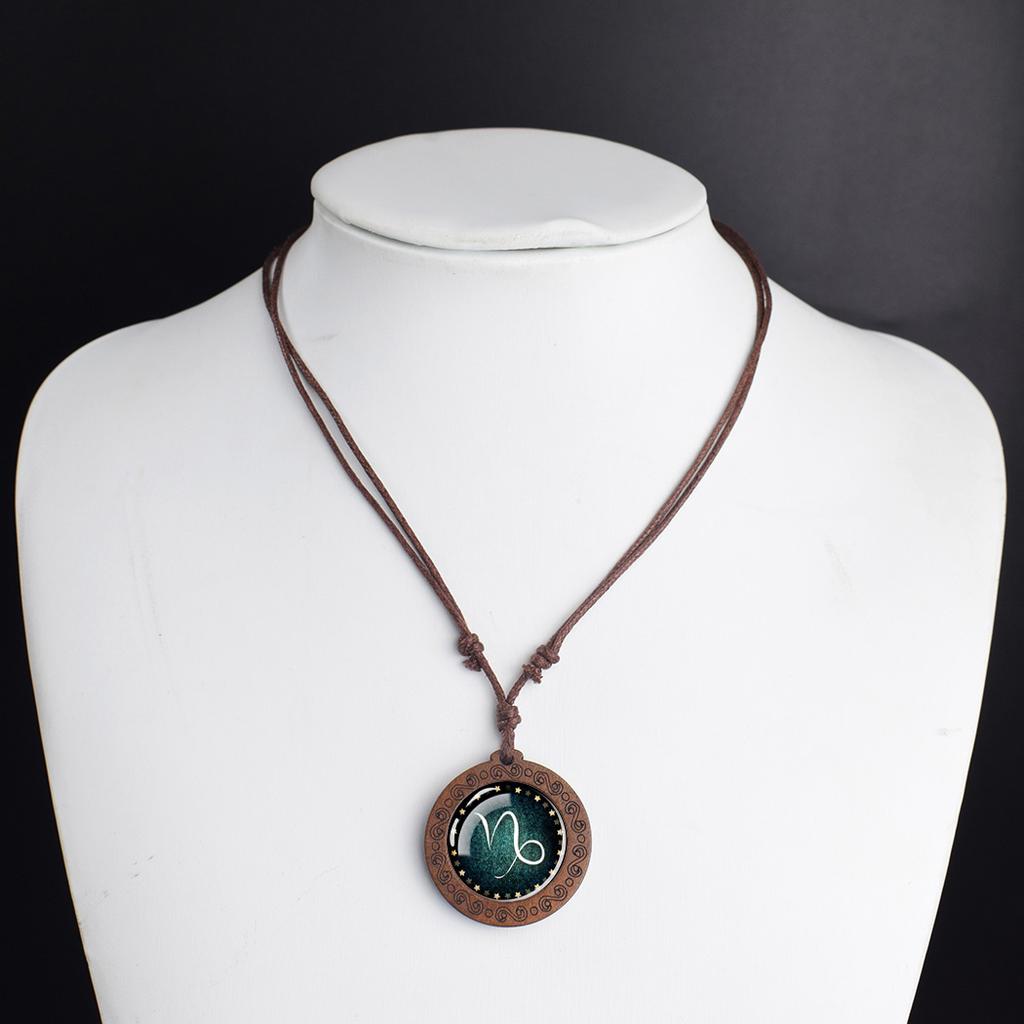 12 Знаков Зодиака Созвездие Ожерелья Стеклянный Купол Винтажный Деревянный Кулон Веревочные Цепочки Ожерелье для Женщин Мужчин Ювелирные Изделия Подарок на День Рождения