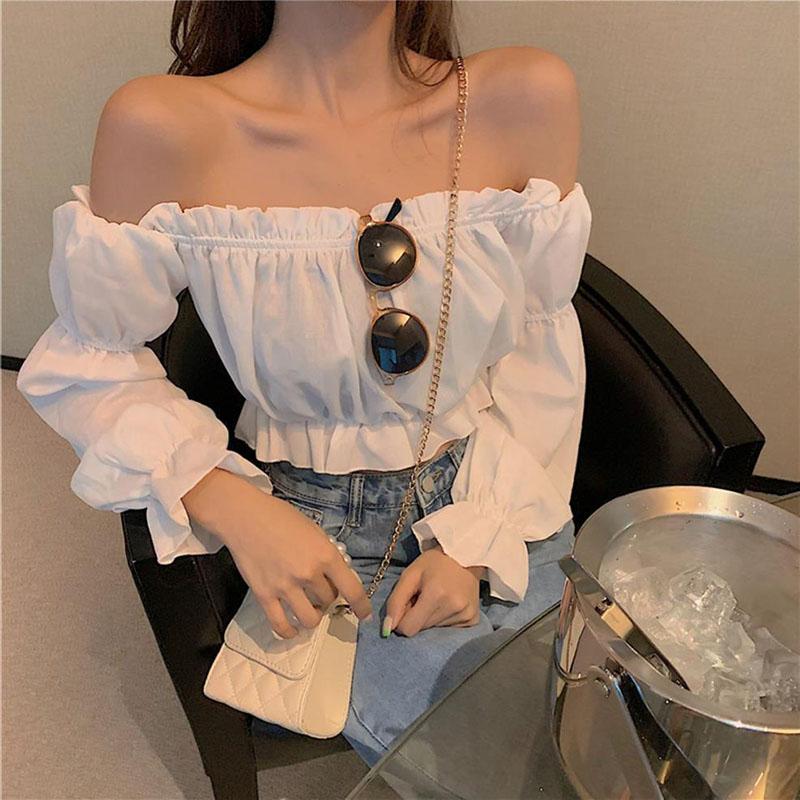 Slash Neck Sexy Off Shoulder Women's Short Top Pure Desire T-shirt Crop Top High Waisted Navel Exposed Puff Sleeve Korean Fashion Spring Autumn