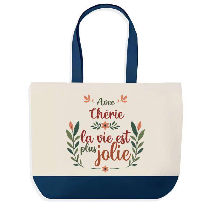 Sac shopping - PLANETEE - Chérie la vie est plus jolie - Fond bleu - Coton 40x45 cm - Grand format