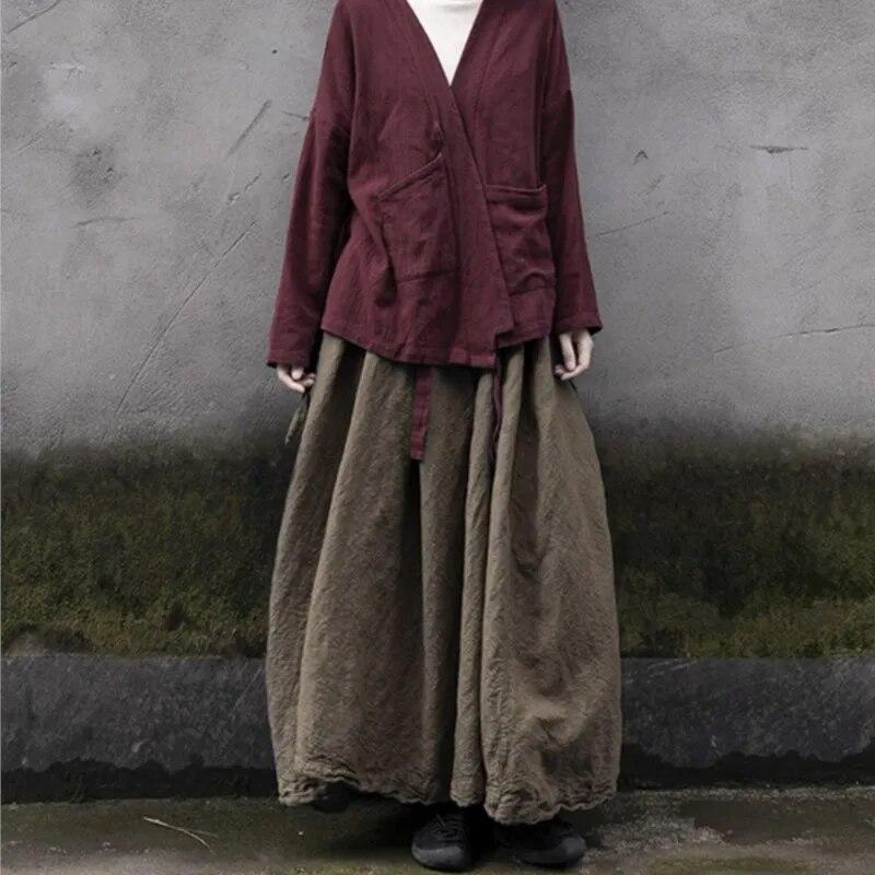 Johnature Женские винтажные хлопковые льняные юбки, толстые однотонные эластичные талии, высококачественные осенние юбки трапециевидной формы на бретелях