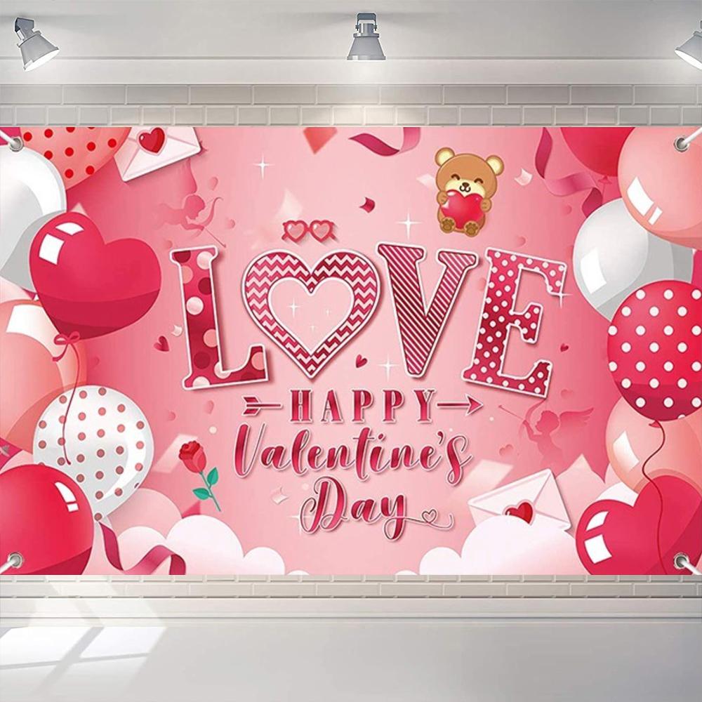 Valentines Day Theme Backdrop Pink Brick Wall Red Rose Flower Love Heart Balloon Party Decoration Portrait Photo Booth Props