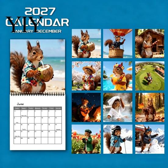 Gift for Animal Lovers 2027 Squirrel Wall Calendar, 12-Month Fun Planner with Coil Academic Year Planning Tool Binding, Thick Paper Home Office, Funny