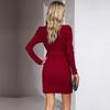 Женское осенне-зимнее элегантное короткое платье с V-образным вырезом и длинным рукавом, однотонное короткое платье с высокой талией