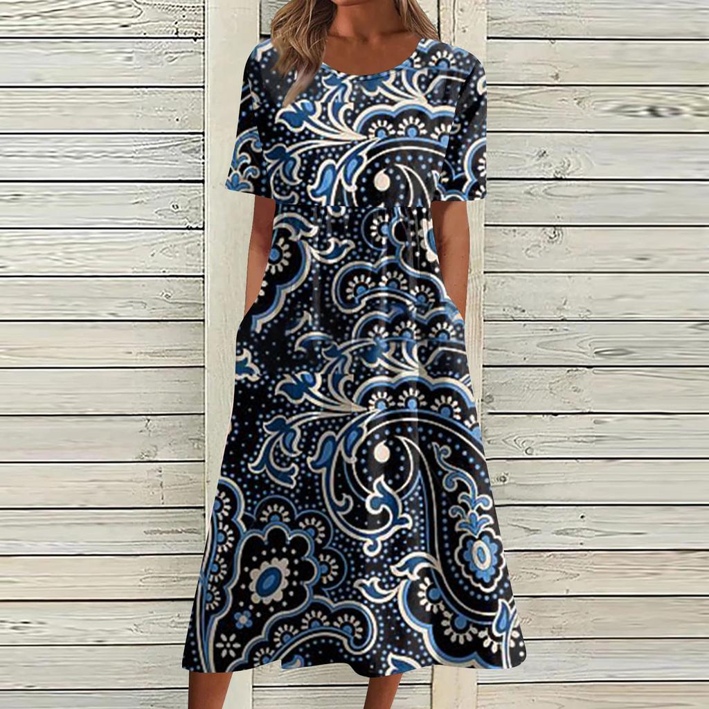 Жен. Повседневные платья Платья с принтами Летние платья С принтами Плиссированные платья-миди с круглым вырезом Классический Классический На открытом воздухе Повседневные С короткими рукавами Свободные платья