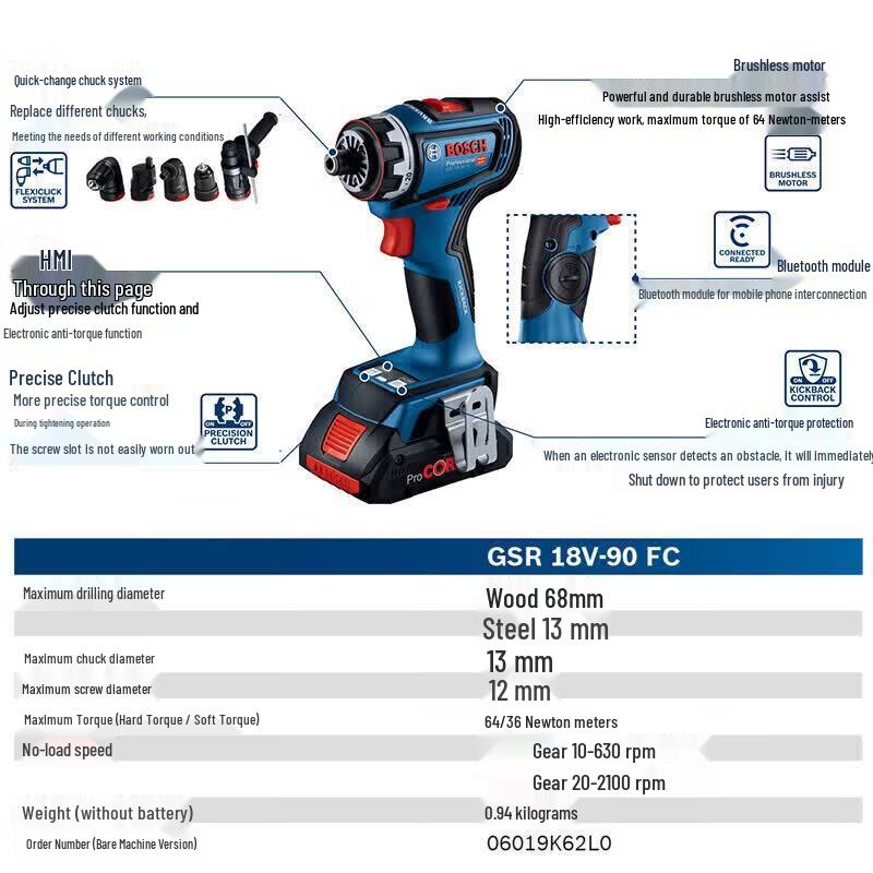 BOSCH 18V Brushless Cordless Drill/Screwdriver GSR 18V-90 FC CN plug (adapter included)