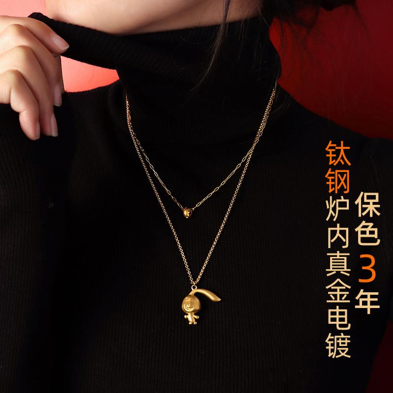 Cartoon Rabbit Pendant Double Layered Wearing Zircon Necklace for Women Winter Sweater Chain Titanium Steel Ornaments