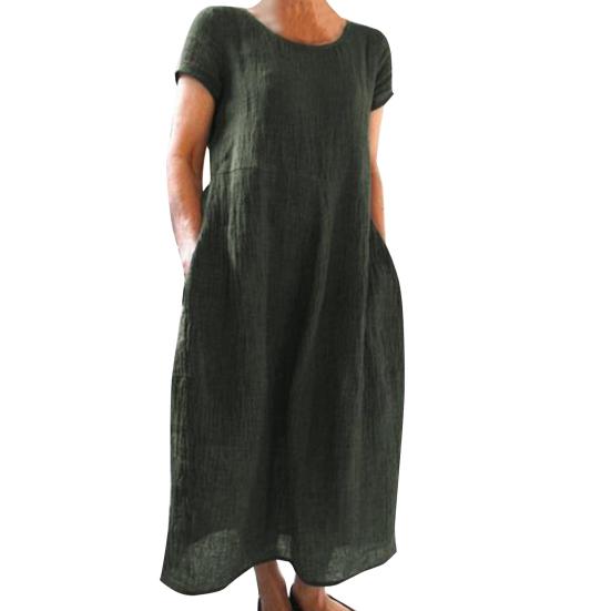 Летнее платье макси с боковыми карманами, круглым вырезом, короткими рукавами, свободное однотонное платье длиной до щиколотки в стиле ретро для повседневной носки, свиданий, путешествий