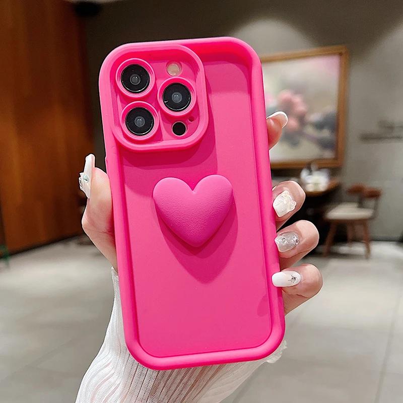 Милый 3D Розовый Силиконовый Чехол-Сердечко для iPhone 16 15 Pro Max 16E 11 12 13 14 15 17 Pro Max 14 Plus 17 Air Матовый Чехол