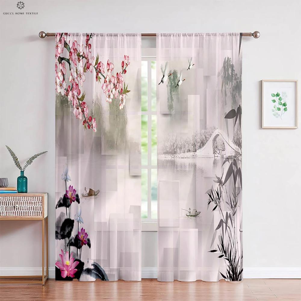 Чернильный пейзаж персиковый цвет национальный стиль принт занавеска спальня гостиная кабинет дзен декоративная занавеска домашний текстиль 2 шт