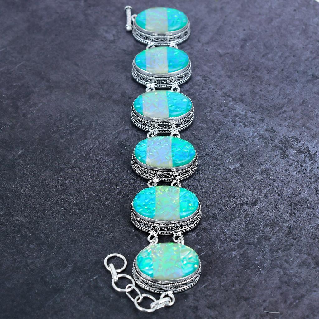 Браслет ручной работы из серебра 925 пробы с зеленым опалом и драгоценным камнем 7-8 дюймов U9g37