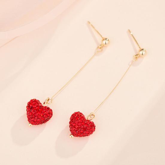 1 Pair Women Hook Earrings Artificial Crystal Red Heart Glitter Pendant Dangle Earrings Jewelry Gift