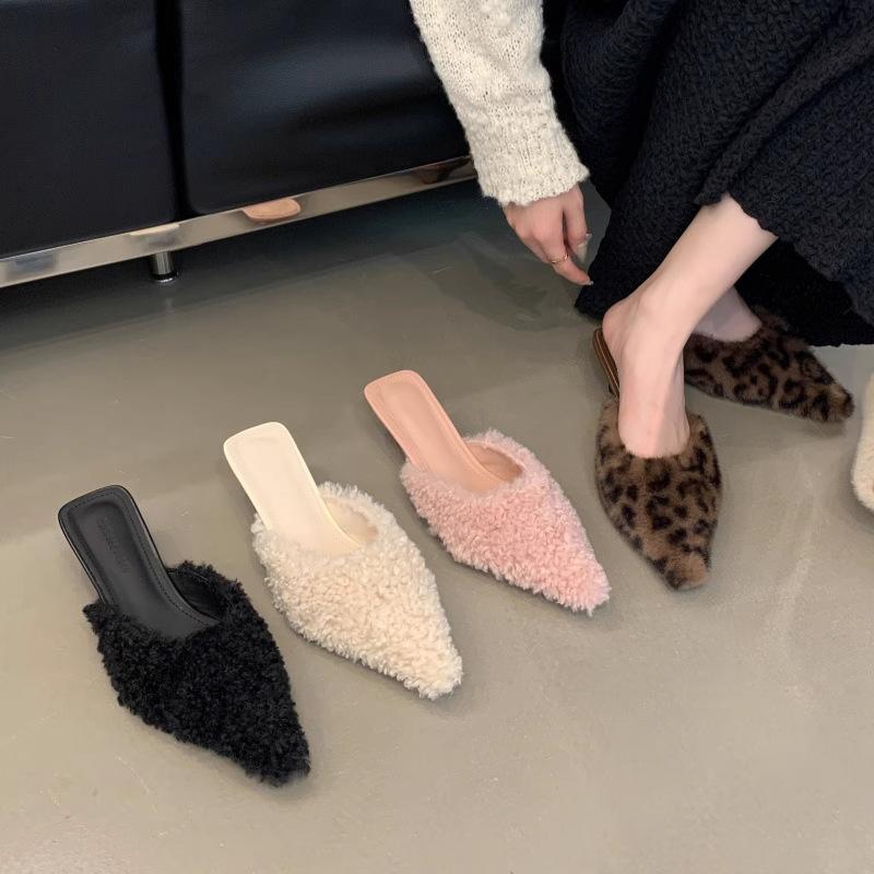 New Slippers Women's Fashion Temperament Beautiful Color Fluffy Half Slippers Women's Stiletto High Heel Bag Drag High Heels Winter