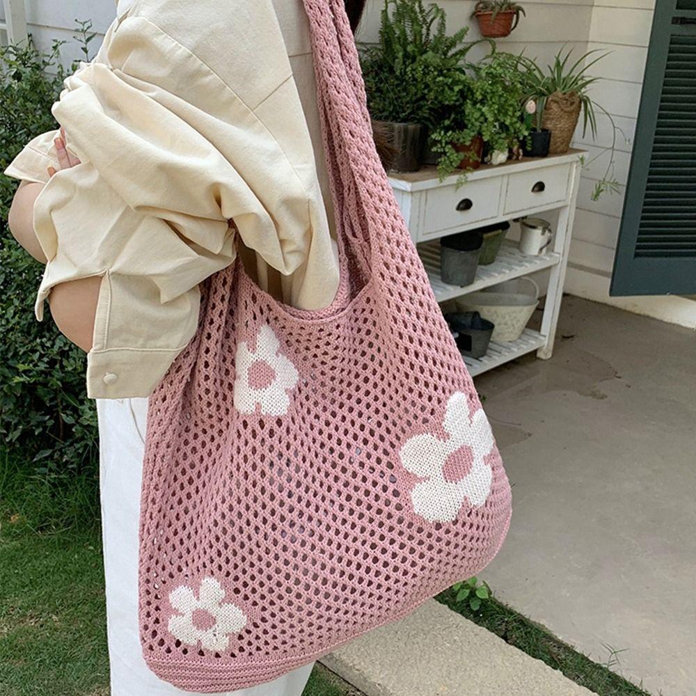 Crochet Flower Ethnic Style Mesh Hollowed-out Shoulder Bag Tote Bag Women Handbag Woven Knitted Bag