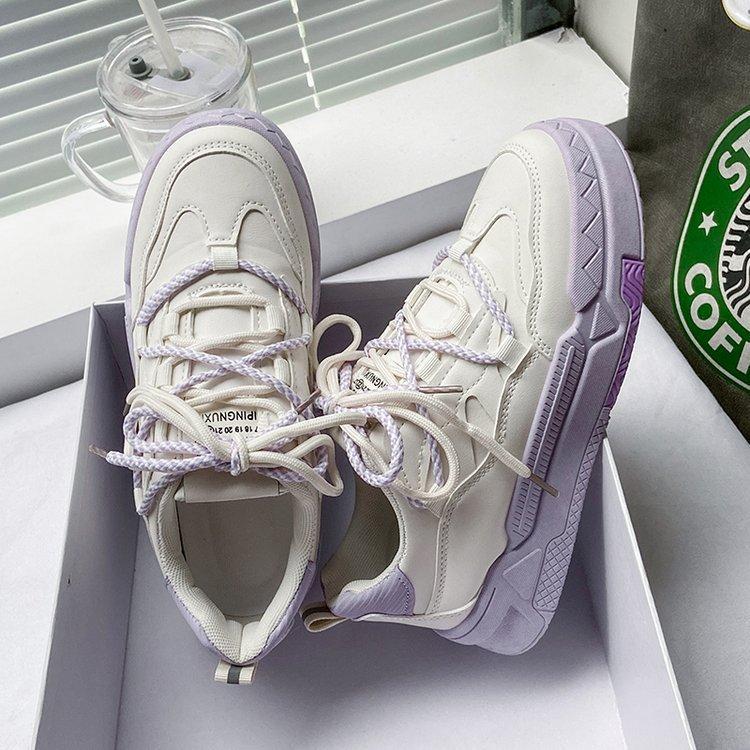 Women's Sneakers Spring New Platform Lavender Purple Women's Shoes Color Matching Lace-up Fashion Casual Exercise White Shoes
