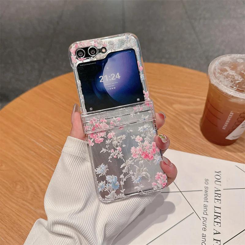 Для Samsung Galaxy Z Flip 6 3 4 5 Чехол Милые Цветы Карты Браслет Жесткий ПК Задняя Крышка Чехол Для Samsung Z Flip5 ZFlip5