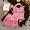 Girls' Sets Summer Children's Sleeveless Lace Cherry Print Top + Lace Shorts
