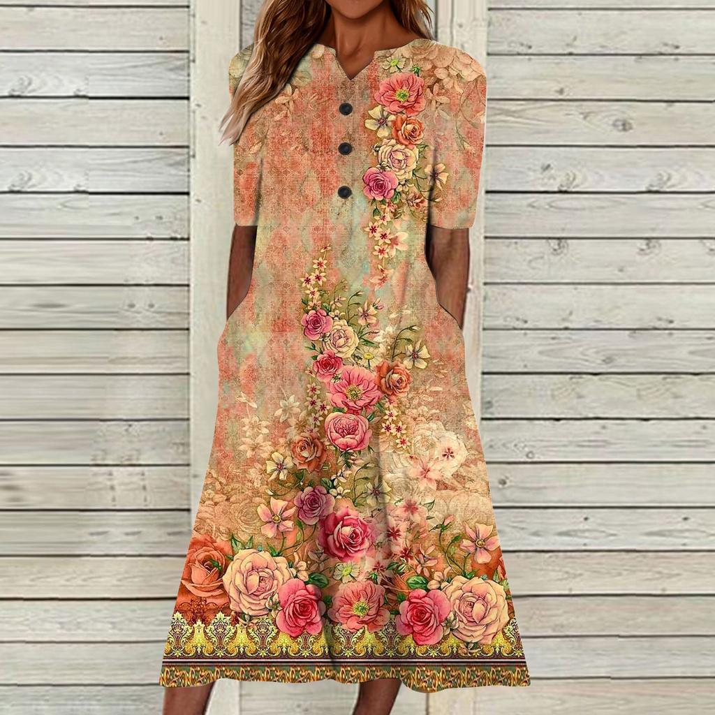 Summer Dress For Women 2023 Casual Printed V-Neck Short-Sleeve Beach Swing Dress