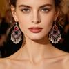 Vintage Diamond-Embellished Hollow Tassel Petal Earrings for Women, Bohemian Ethnic Style Exaggerated Carved Travel Drop Earrings
