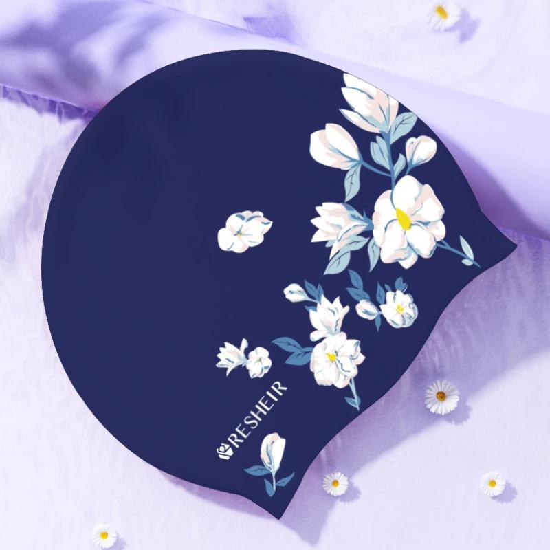 Шапочки для плавания для женщин, мягкие силиконовые шапочки для плавания, большие размеры, длинные волосы, защита ушей, шапочка для плавания с цветочным принтом, аксессуары для бассейна