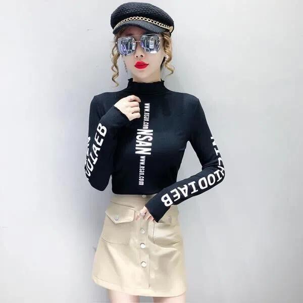 Нижняя рубашка с полуводолазкой, женская, осень, пуловер, больших размеров, футболка с длинными рукавами, узкая, с буквенным принтом, верх, универсальная, высокая горловина, топ