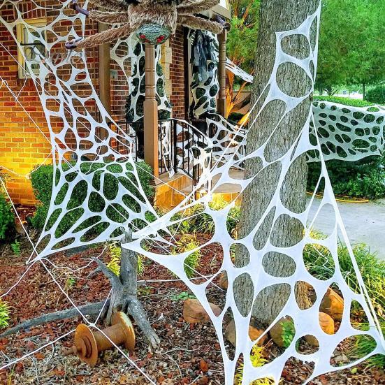 1 Set Halloween Spider Web with Stakes Glow In The Dark Stretchy Fabric DIY Cuttable Reusable Holiday Outdoor Garden Haunted House Decoration Cobweb