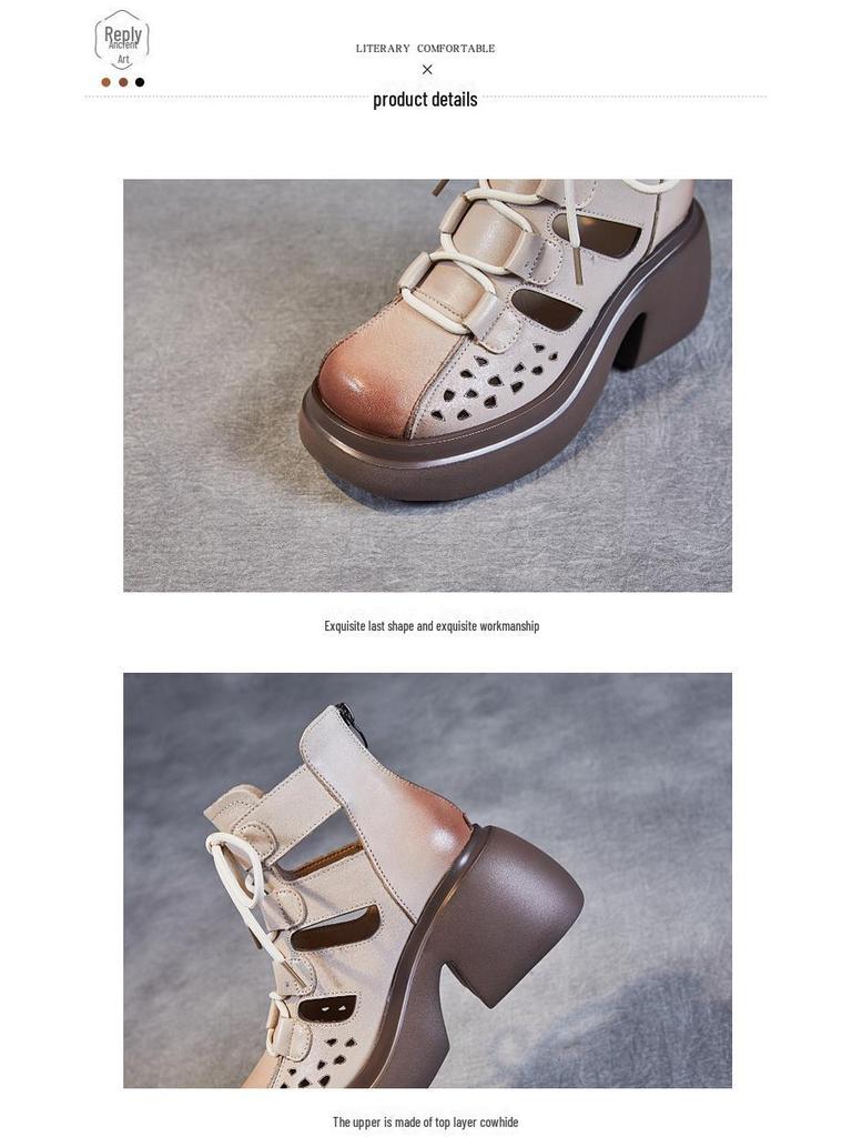 Женские ретро-римские сандалии из коровьей кожи: Коллекция лета 2024 г. — толстая подошва, ажурный дизайн, сетчатый стиль сапог