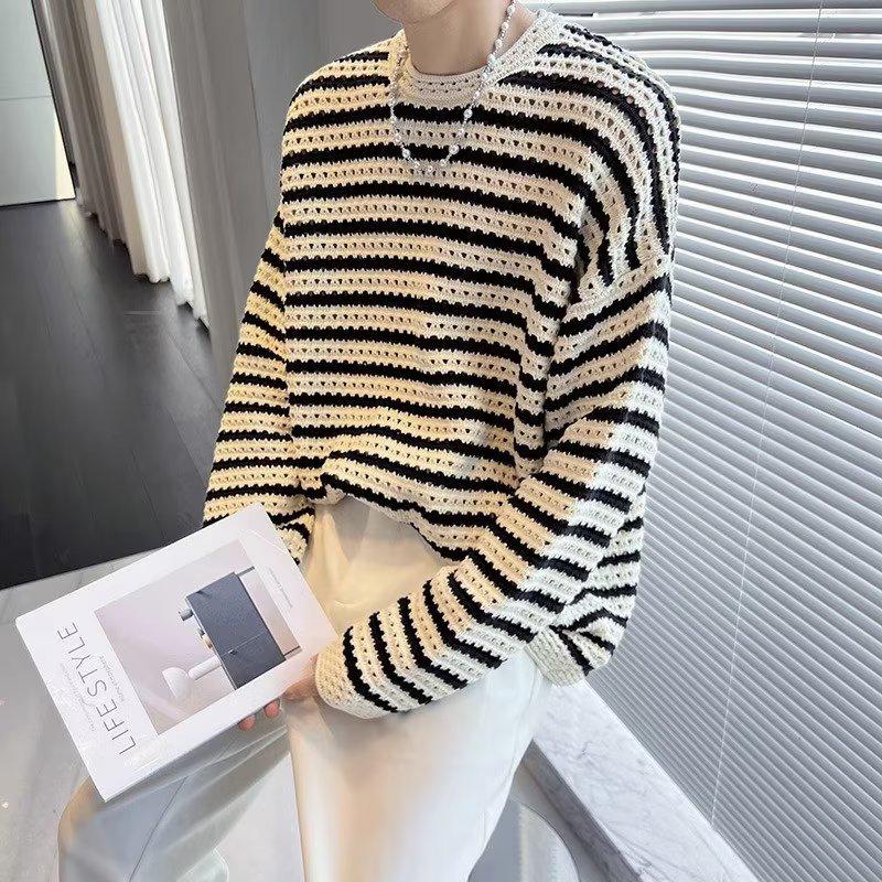 Men's Ripped Striped Knit Sweater: Autumn/Winter 2023 Casual Loose Long Sleeve