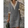 Women's Solid Color V-neck Mid Sleeve Cotton Linen Casual Dress