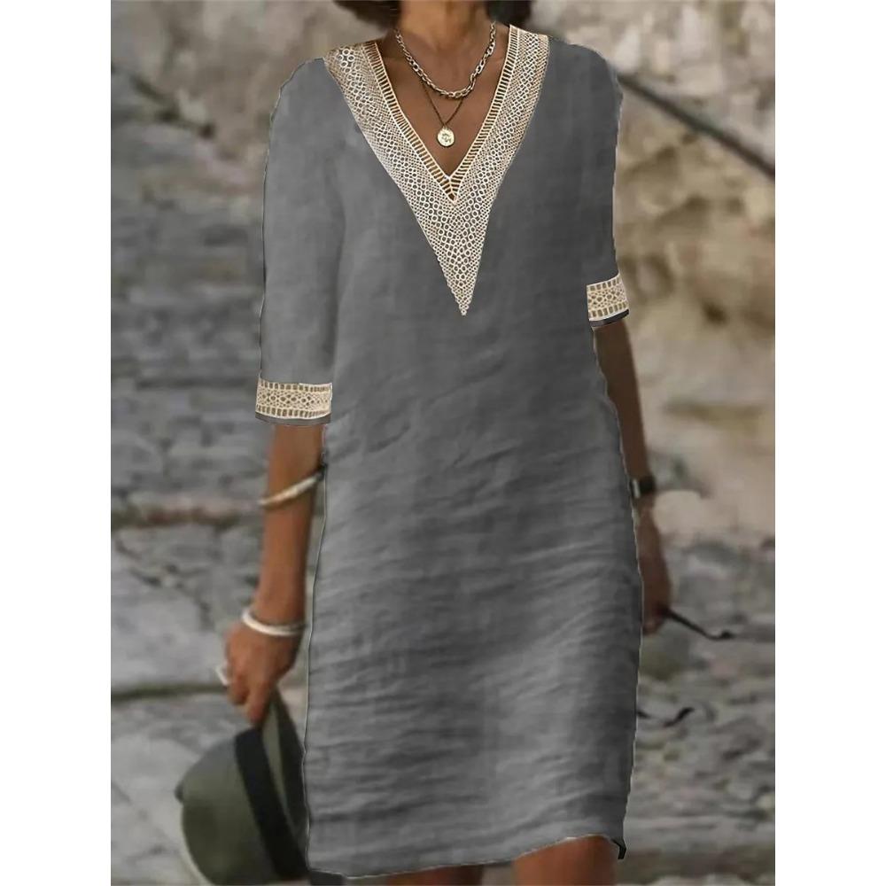 Women's Solid Color V-neck Mid Sleeve Cotton Linen Casual Dress