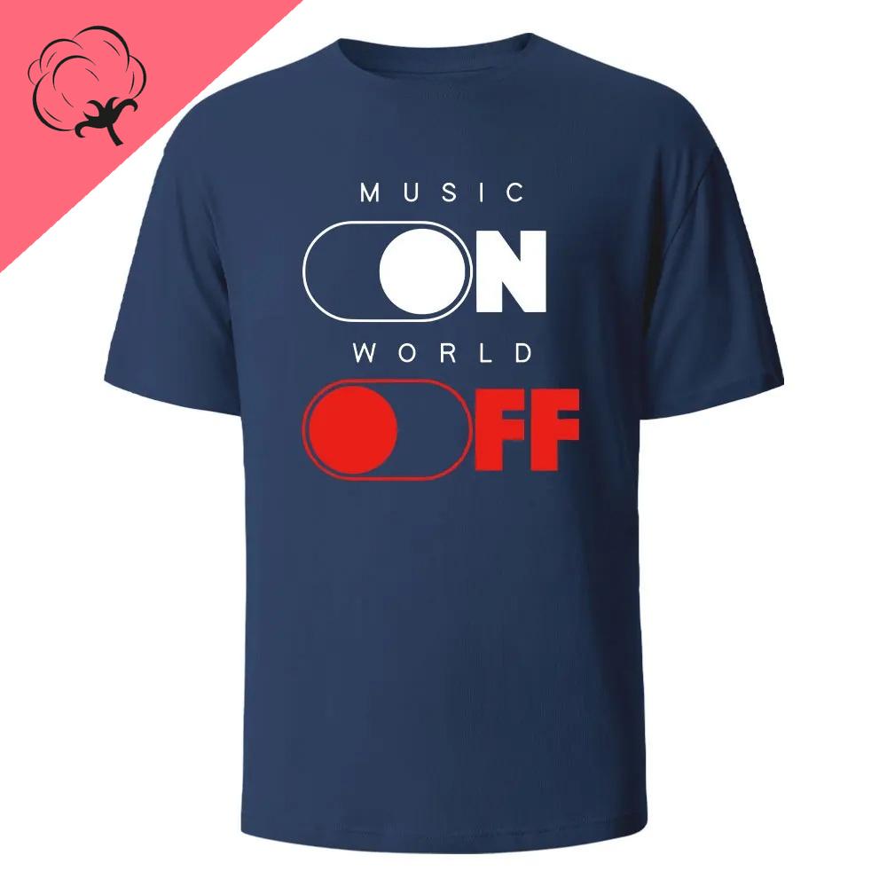 Хлопковая футболка с принтом 'Music on World Off' Дышащая и удобная Летняя Повседневная С круглым вырезом Мужская одежда