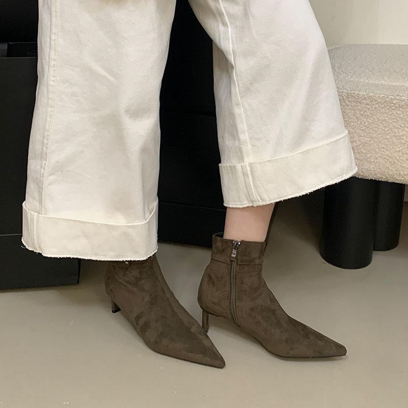 Мода Новая Мода Флок Женские Ботильоны Современные Каблуки Туфли Лодочки Женский Острый Носок Женские Короткие Ботинки С Молниями Обувь