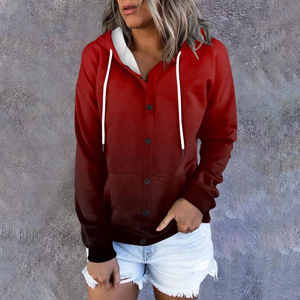 Women's Hoodie, Solid Color Gradient Printed Long Sleeved Loose Hooded Sports Jacket