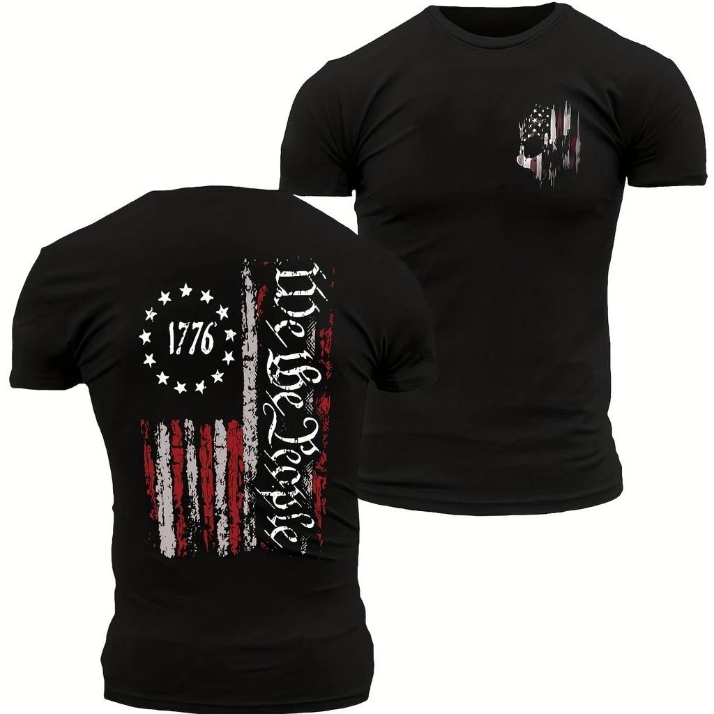 Мужская повседневная футболка с круглым вырезом и принтом американского флага 1776 года «Мы, народ», из геометрической эластичной ткани, летняя футболка обычного кроя