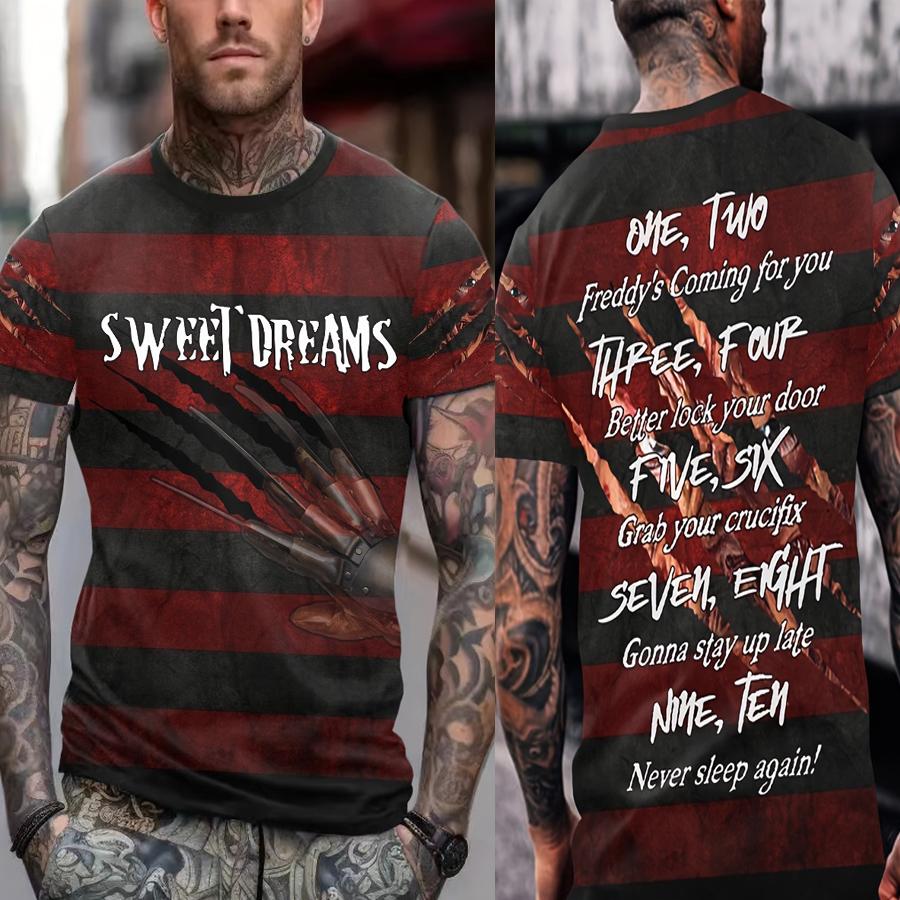 Vintage-Inspired Polyester Men's T-Shirt with Krueger Stripes and Slogan Print, Crew Neck, Short Sleeve Casual Streetwear for Summer - 3D Printed