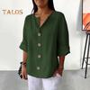 Women Shirt V-Neck 3/4 Sleeve Loose Fit Pullover Tops Buttons Decor Breathable Casual Tops Daily Wear