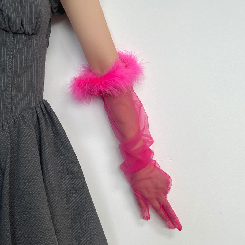 Summer Feather Gauze Thin Sunscreen Long Gloves Personality Tulle Sheer Bride Wedding Gloves Party Accessories