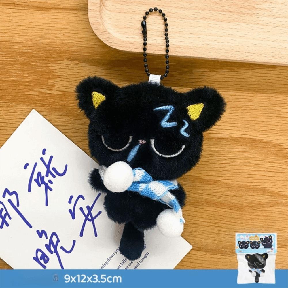 Stripe Scarf Black Cat Plush Keychain Soft Car Key Ring Doll Bag Pendant  School Bag Decoration
