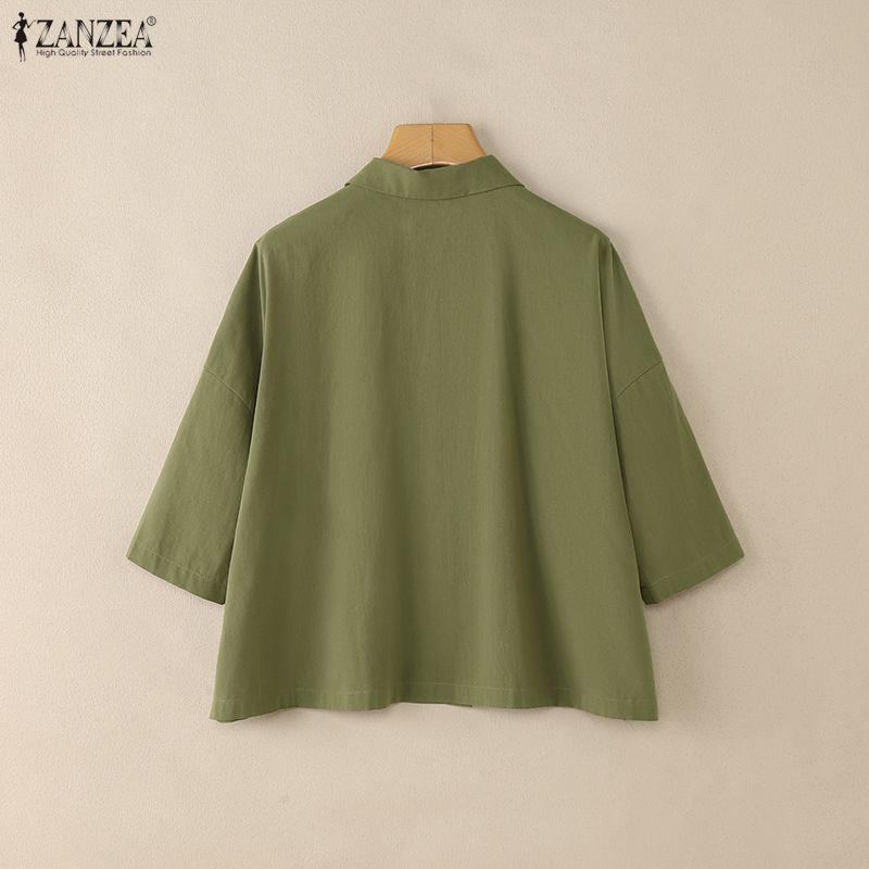 ZANZEA Женская летняя блузка из хлопка с отложным воротником, свободного кроя, с рукавом до локтя