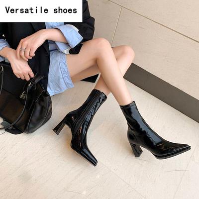 Осенне-зимние сексуальные лакированные кожаные женские ботильоны с острым носком, модные туфли на толстом высоком каблуке с застежкой-молнией Zapatos Mujer