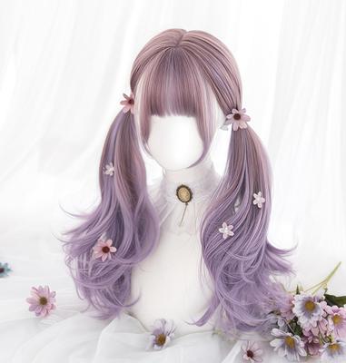 RyuuCos Лолита Длинный Вьющийся Два Хвоста Фиолетовый Парик с Фиолетовым Тапиока Термостойкий Парик для Школьного Культурного Фестиваля, Волосы, Хвост, Градиент, Термостойкий, Косплей, Маскарад,
