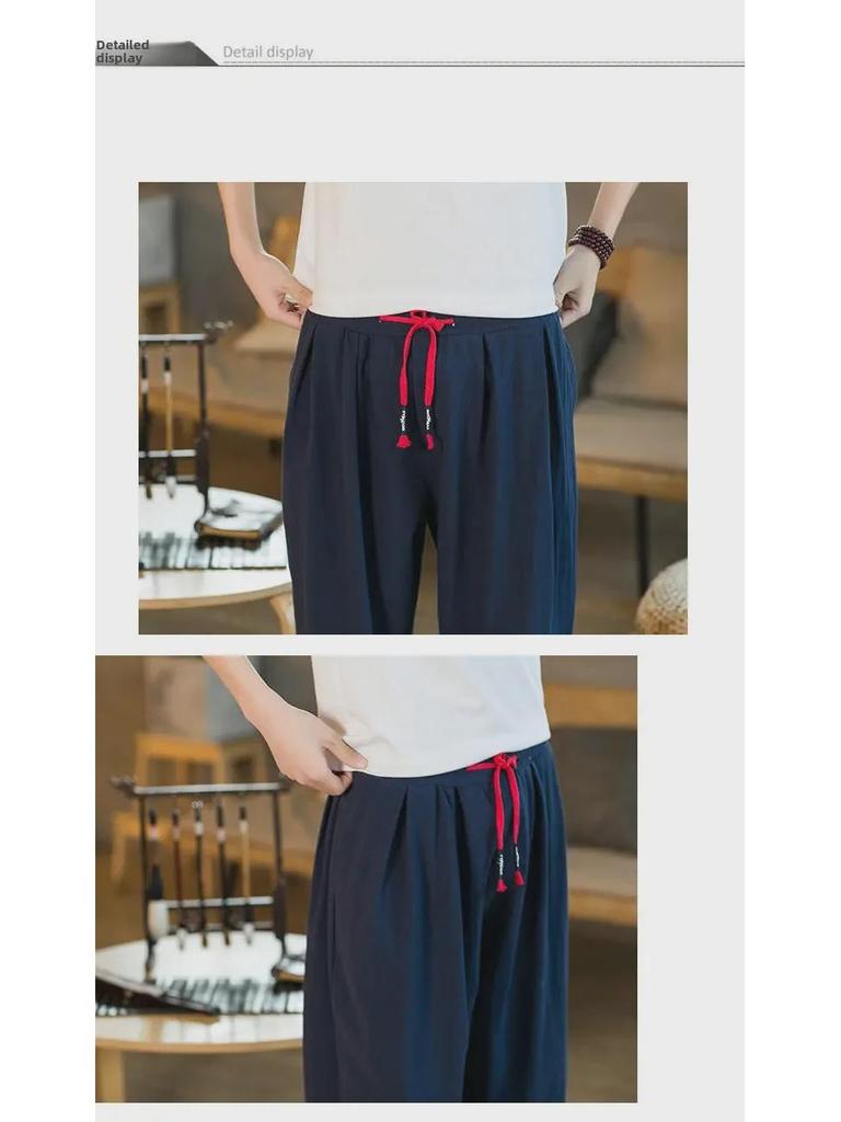 Мужские широкие шаровары из хлопка и льна в китайском стиле — летние тонкие манжеты, свободный крой, размер плюс, длина девять точек.