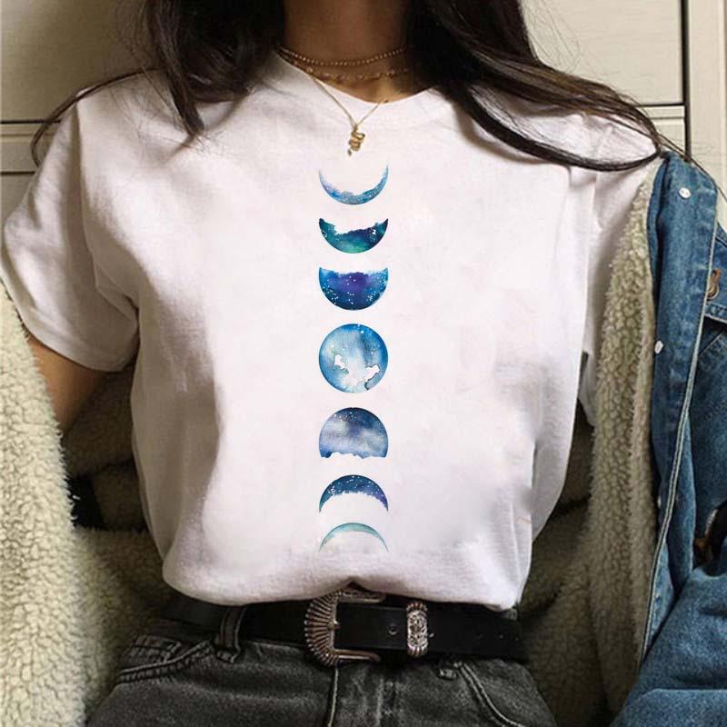 Women Summer Moon Print Short Sleeve T-Shirt