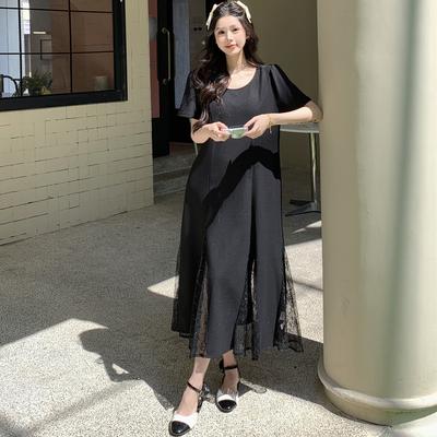 Летнее платье больших размеров 2025 года Женское повседневное черное винтажное платье с кружевной вставкой Базовое длинное свободное платье