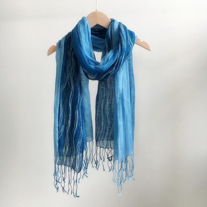 Printing Gradual Change Color Linen Batik Scarf Blue Versatile Ethnic Style Retro Silk Scarf Thin Light Breathable Yarn