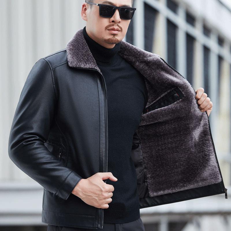 Leather Down Jacket Men's Jacket Short Lapel Fur Integrated Thickened Leather Jacket Casual Trend