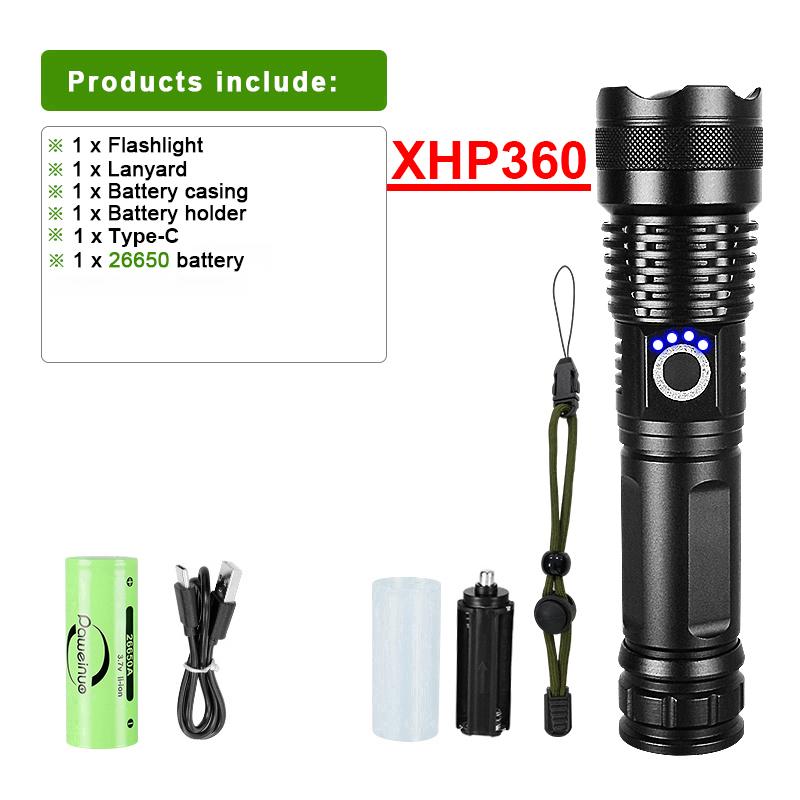 High Power XHP360 Flashlight Zoomable Torch 90000LM Lamp Self-protection Lantern Waterproof Flash Light Long Range Torch Light