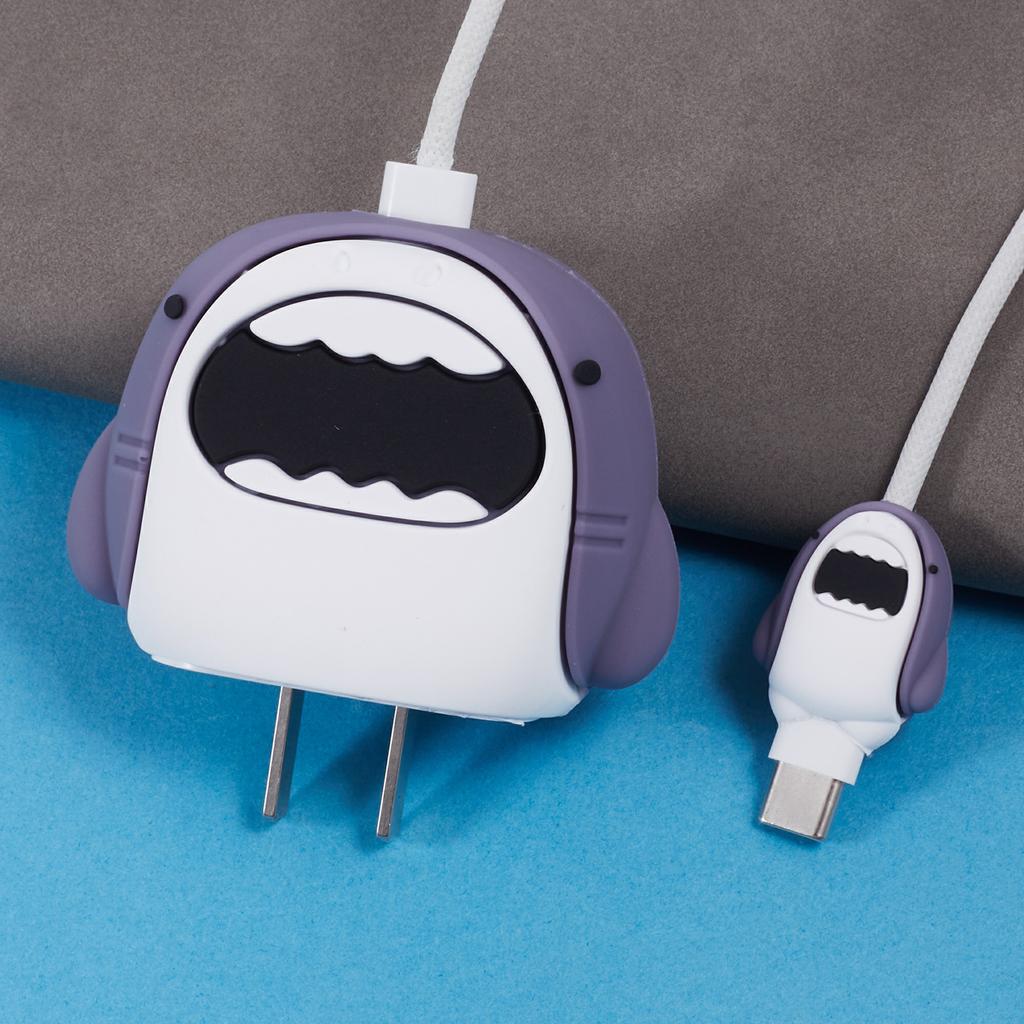 2Pcs/Set Cartoon Shark Protective Sleeve for Apple iPhone 18/20W Charger Cover + Data Cable Saver Silicone Case