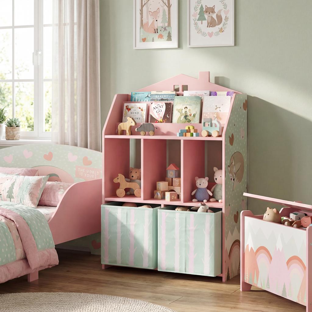 Children's bookshelf with 2 fabric drawers, open shelf for ages 3-8, 62.5x30x91.5 cm, pink