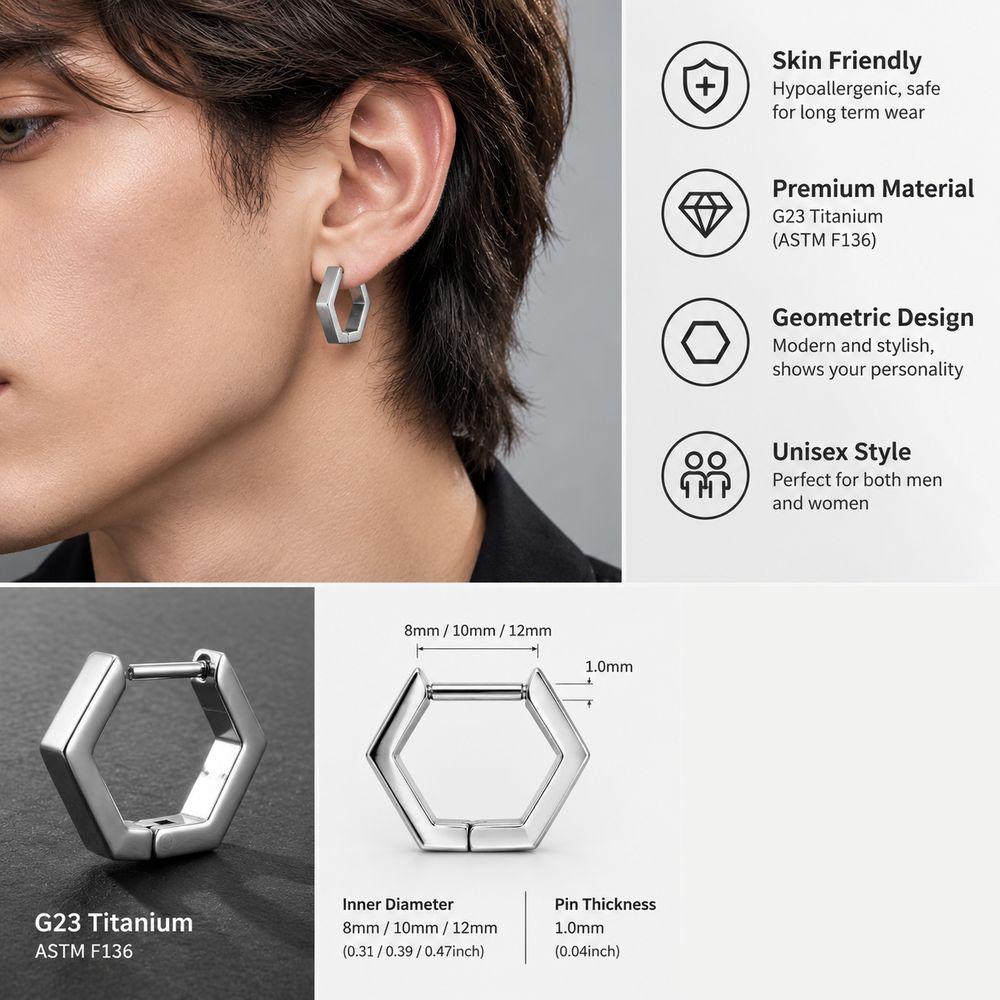 G23 Titanium Hexagon Ear Hanger Silver Tone Stud earrings New Earrings  Unisex